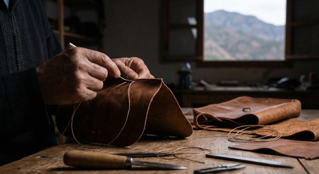 Traditional Moroccan artisan working on handmade leather goods