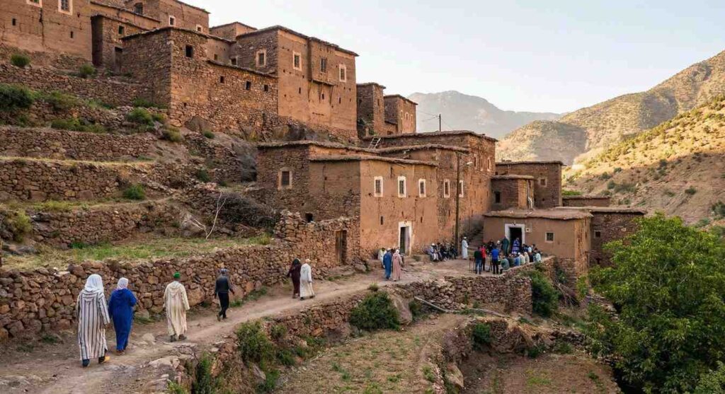 People overlooking a valley in the Atlas Mountains near Mount Toubkal