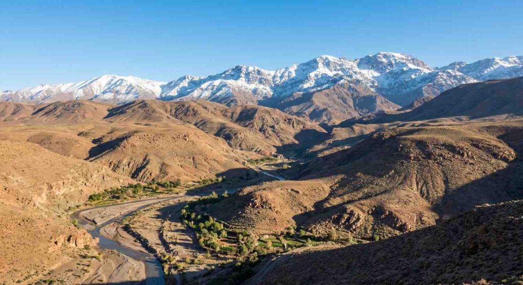 Panoramic view of the snow-capped High Atlas Mountains in Morocco