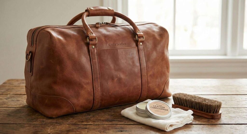 A flat lay photograph of the tools needed: a horsehair brush , another clean microfiber cloth for application, and a tin/bottle of quality leather conditioner