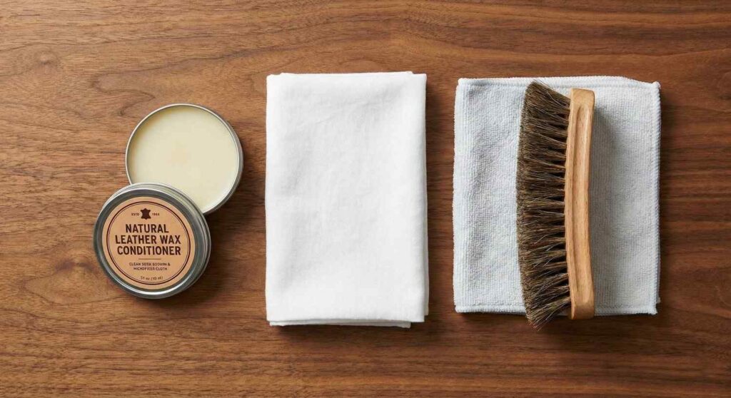 Flat lay of leather care tools including horsehair brush, cotton cloths, and natural leather conditioner tin.