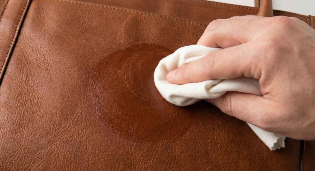 Close up of a hand applying leather conditioner to a brown leather bag using a circular motion with a cloth