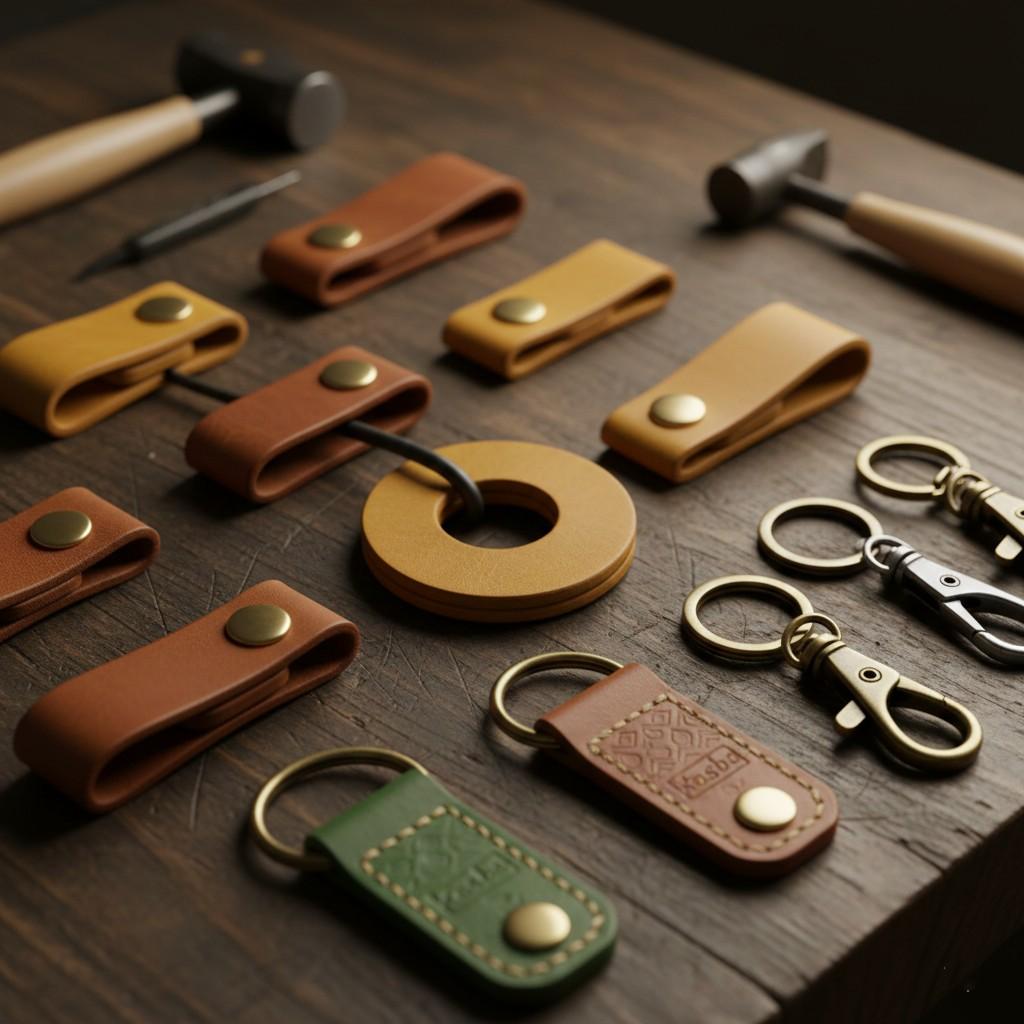 Close up of handmade leather cable organizers and key fobs