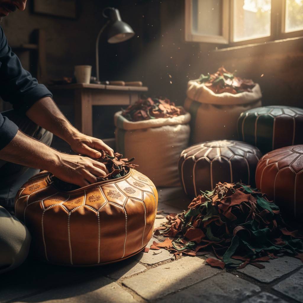 An artisan stuffing a leather ottoman pouf with shredded leather scraps