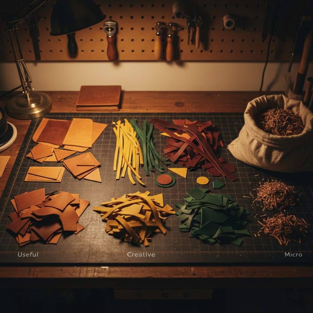 A workbench covered in sorted leather scraps, arranged by size and color