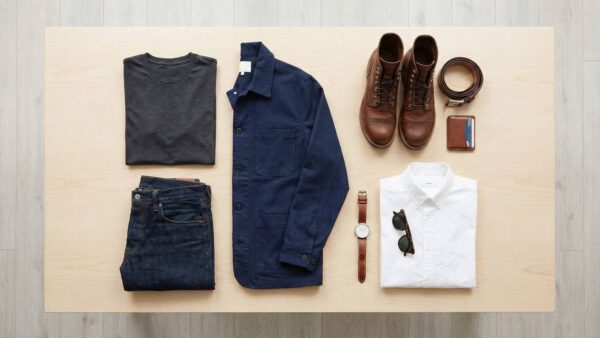 Minimalist men's capsule wardrobe with leather accessories and essential clothing items
