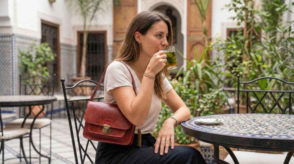 The same red leather bag worn as a shoulder bag by a woman drinking tea in a quiet riad courtyard