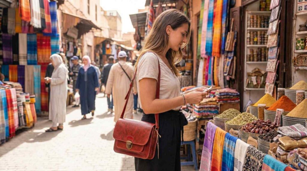 Woman wearing a red leather crossbody bag by Kasba Leather while shopping in a busy Moroccan souk.