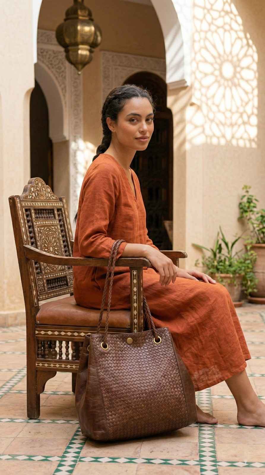 An elegant woman sitting on a traditional carved wooden chair in Morocco, showcasing the Menara leather bag with its intricate hand-woven texture and braided straps.