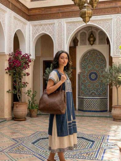 Close-up of a woman in a traditional Moroccan riad courtyard modeling the Menara leather bag, a handcrafted espresso brown woven hobo bag by Kasba Leather.