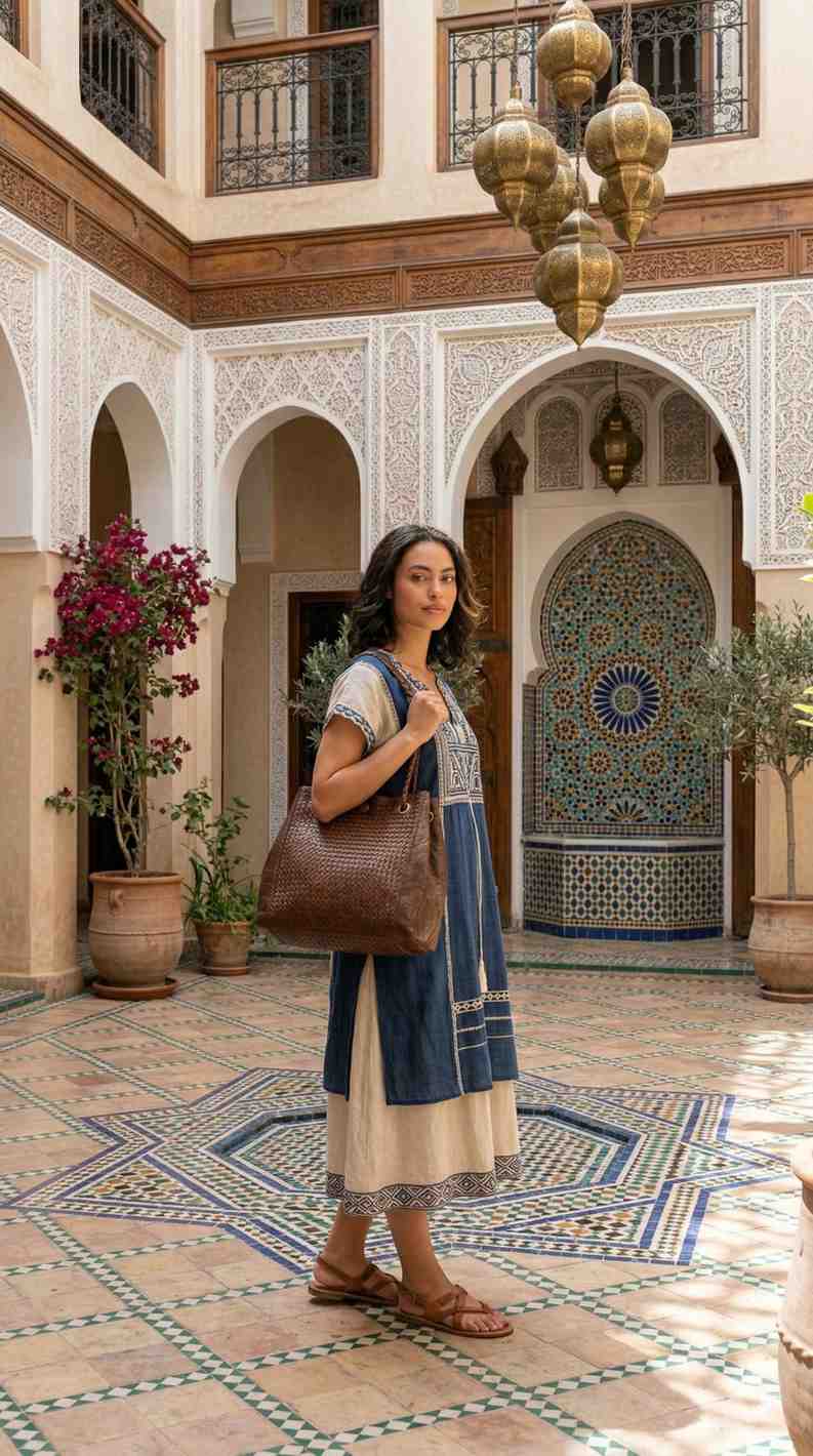 Close-up of a woman in a traditional Moroccan riad courtyard modeling the Menara leather bag, a handcrafted espresso brown woven hobo bag by Kasba Leather.