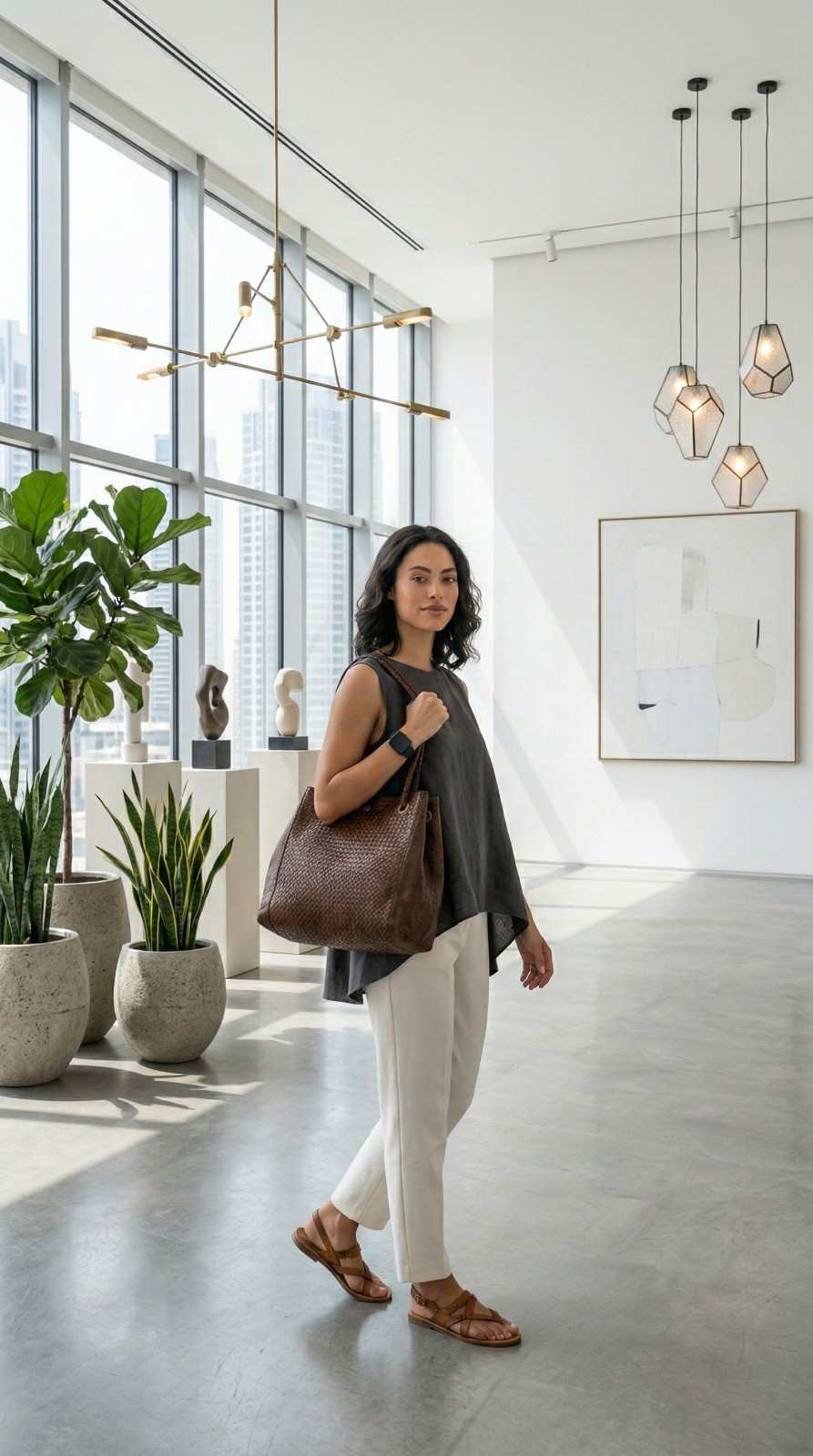 Side view of a woman in a modern, minimalist art gallery wearing a contemporary outfit and carrying the Menara leather bag by its signature braided shoulder strap.