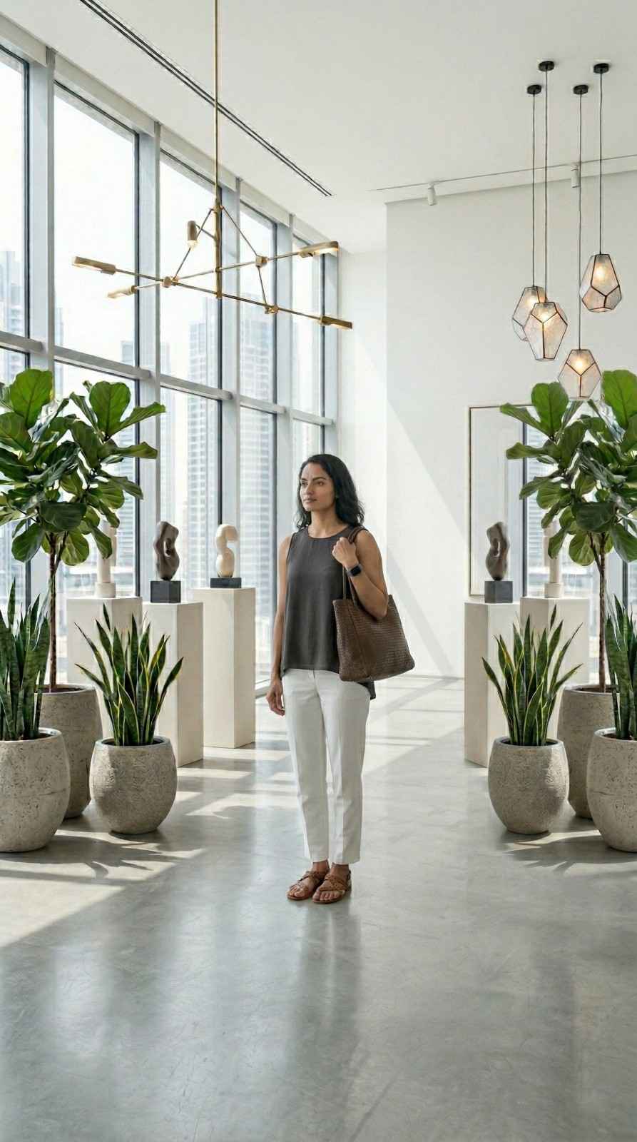 Fashion model standing in the center of a bright, modern architectural space featuring the Menara leather bag, a premium Moroccan woven leather hobo bag.