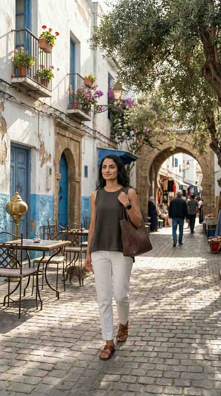 Candid street style photography of a woman walking through a white-walled Moroccan alleyway casually carrying the Menara leather bag from the Kasba Leather collection.