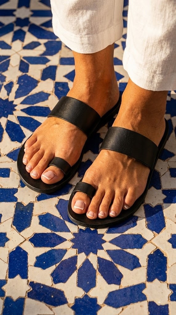 Black leather toe ring slide sandal walking against white washed wall — Kasba Leather