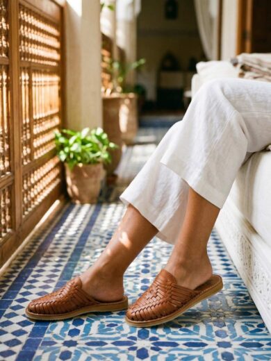 Woman wearing handwoven leather mule slides on Moroccan zellige tile floor — The Safi