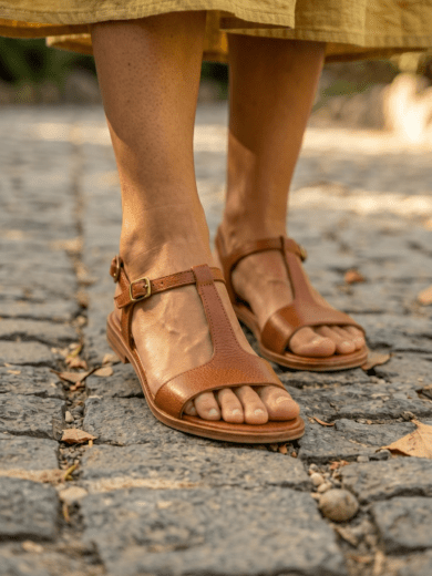 Close-up of delicate leather SANDAL on The Tanalt T-strap sandal — Kasba Leather Morocco