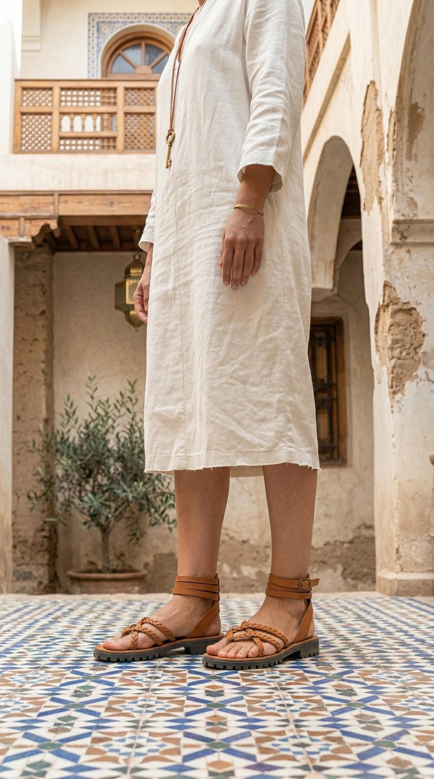 Woman walking in handmade Moroccan leather gladiator sandals on cobblestone
