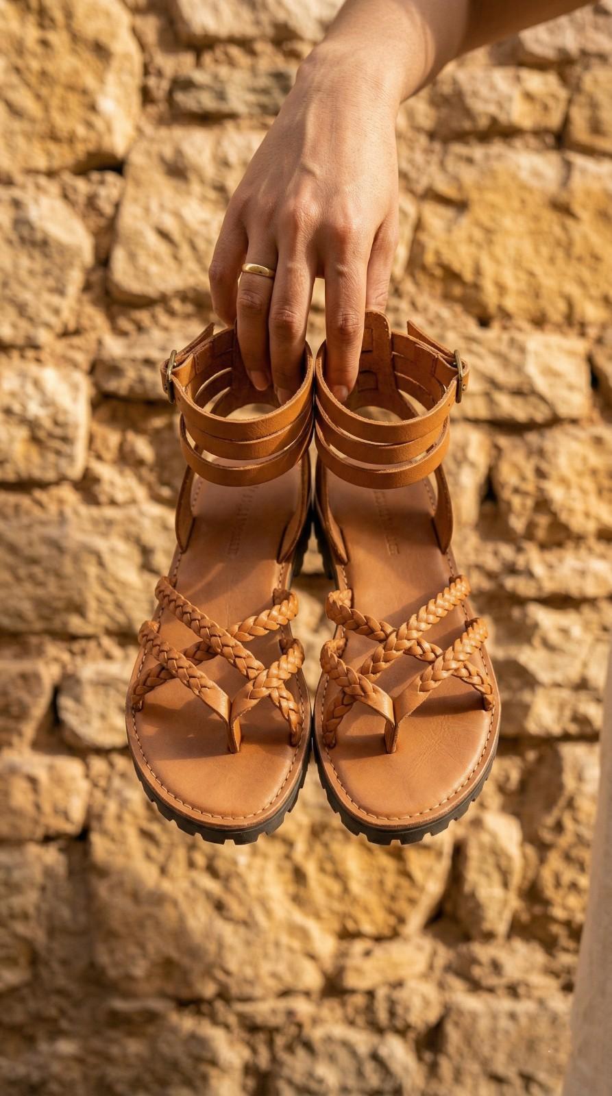 Top-down flat lay of The Agadir handmade leather gladiator sandals by Kasba Leather