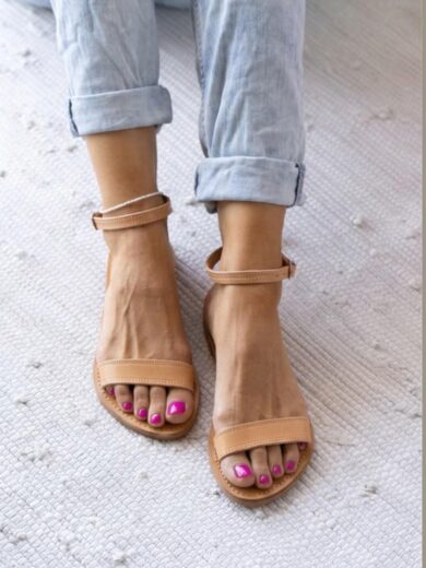 Side profile of nude tan open-toe leather flat sandals — minimalist women's sandal Morocco