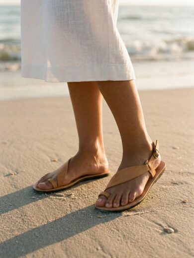 Woman walking on Atlantic beach sand wearing The Taghazout toe ring leather sandals