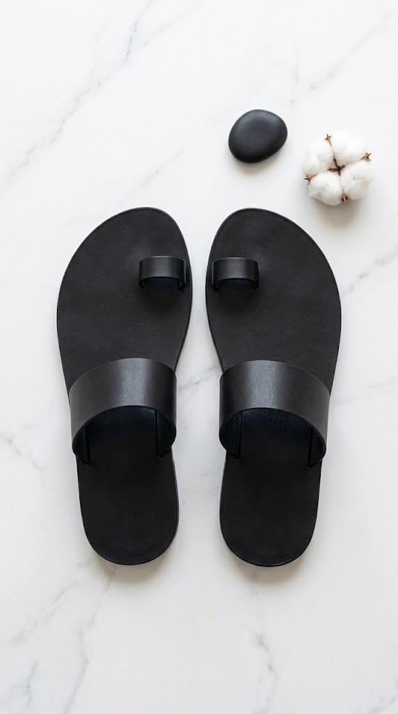 Flat lay of The Essaouira black toe ring sandals by Kasba Leather on white marble